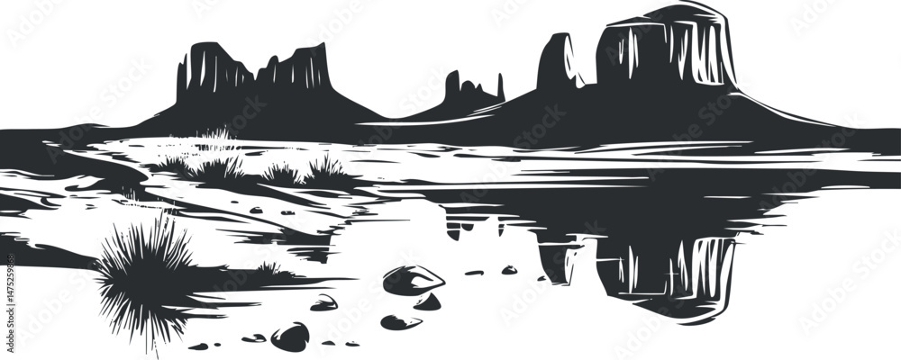Obraz premium Black and white desert landscape with mesas and buttes reflecting in calm water under clear sky.