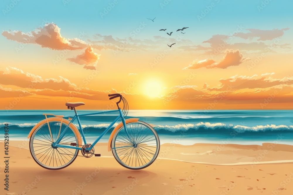 Fototapeta premium Turquoise bicycle parked on a sandy beach during a vibrant sunset scene