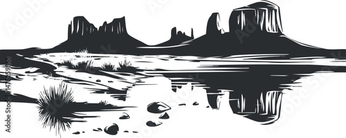 Black and white desert landscape with mesas and buttes reflecting in calm water under clear sky.