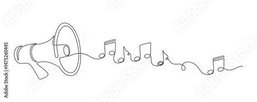 Loudspeaker with music note in one continuous line drawing. Megaphone translating sound and voice song in simple linear style. Music school concept in editable stroke. Doodle Vector illustration