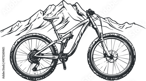 Detailed black and white illustration of a mountain bike with a mountain range in the background for outdoor adventure and cycling themes