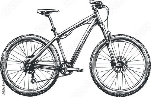 Black and white sketch of a mountain bike showing detailed frame wheels pedals and handlebars for outdoor cycling