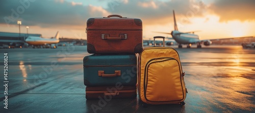 Suitcases sit on tarmac with planes nearby