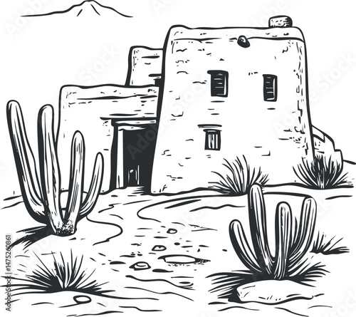 Black and white sketch of a traditional adobe house in a desert landscape with cacti and dry plants