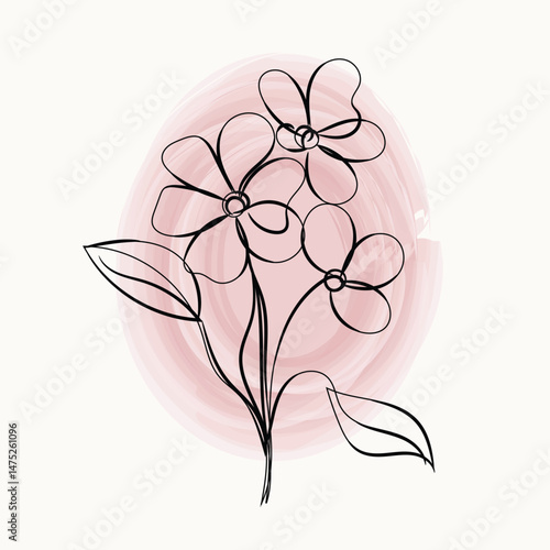 Elegant Minimalist Line Art Flowers on a Pink Watercolor Background