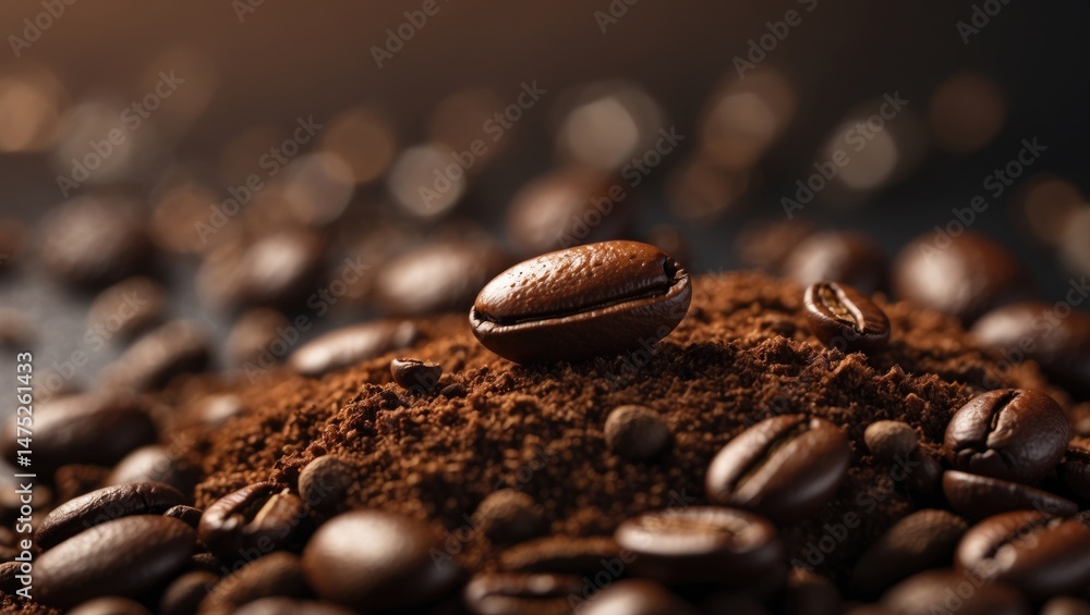 Detailed view of two coffee beans on a roasted coffee heap with cafe ambiance. Detailed view of two coffee beans on a roasted coffee heap with cafe ambiance.