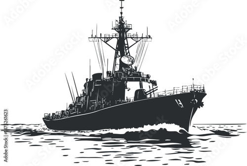 Black and white illustration of a naval warship moving through ocean water with radar and mast structures visible