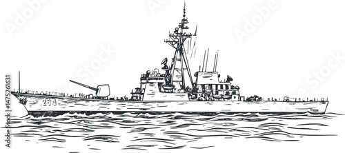 Black and white sketch of a naval destroyer warship sailing on water with detailed structure and weapons