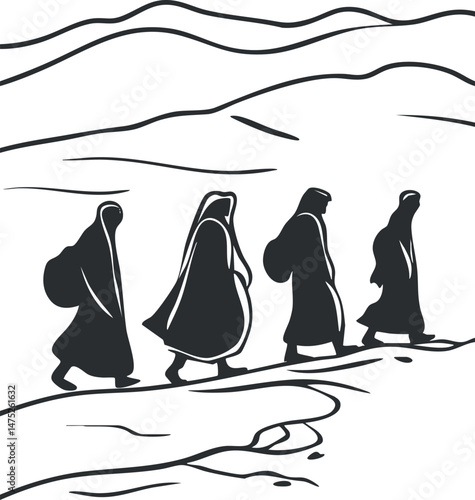 Silhouette illustration of four cloaked pilgrims walking in a desert landscape with hills in the background.