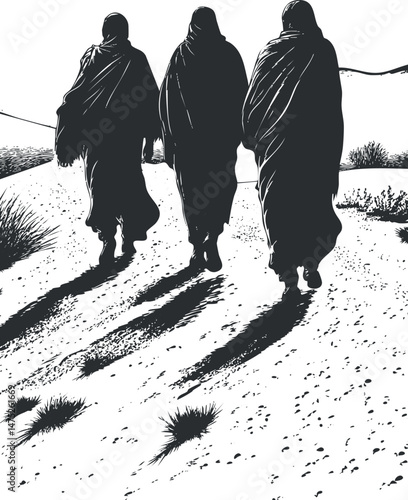 Black and white silhouette of three cloaked people walking in a desert landscape casting long shadows
