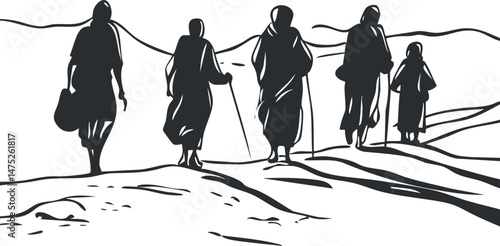 Silhouettes of five people walking together across a sandy desert landscape with walking sticks and bags.