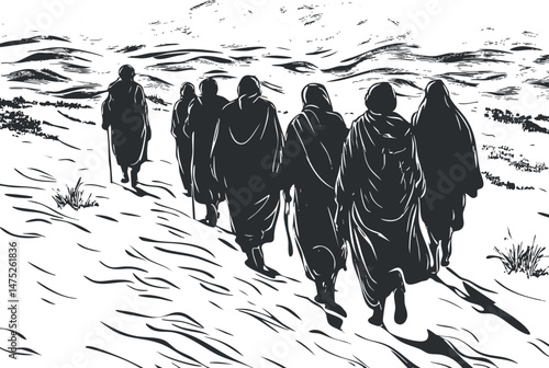 Silhouettes of a group of people walking together on a dry, hilly landscape under bright light casting long shadows.