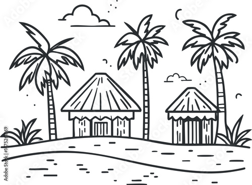 Black and white sketch of tropical huts with palm trees on a beach by the sea and sky