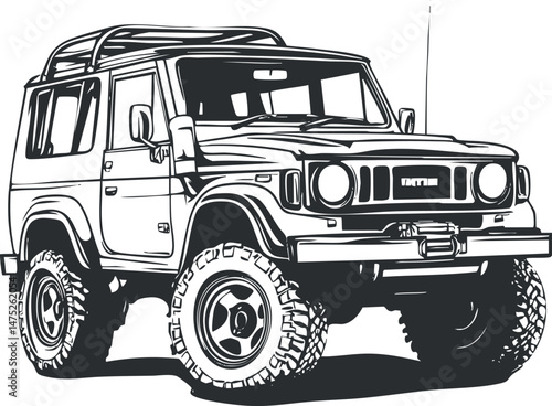 Black and white illustration of a rugged offroad SUV vehicle with large tires and front grille