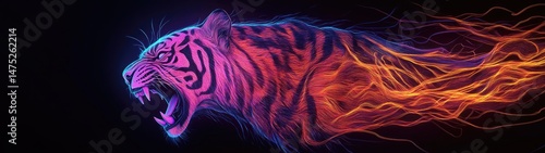 Fiery neon tiger roaring, digital art.