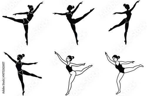 Ballet dancers silhouettes vector art shows black figures of woman in dance and jump poses, an illustration of sport and art
