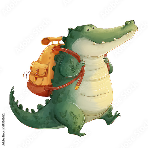 Cute Crocodile Going to School with Backpack