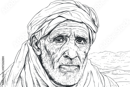 Black and white detailed sketch of an elderly man wearing a turban with a serious expression