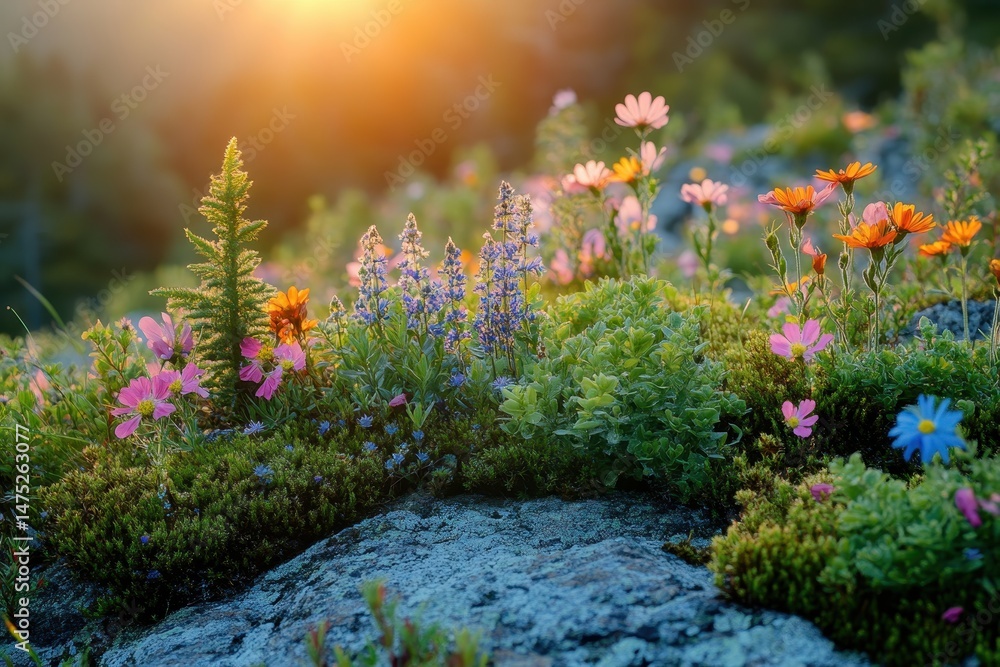 Obraz premium Wildflowers and ferns thrive on rocky terrain at sunset in a lush landscape, showcasing nature's resilience and beauty in a serene environment