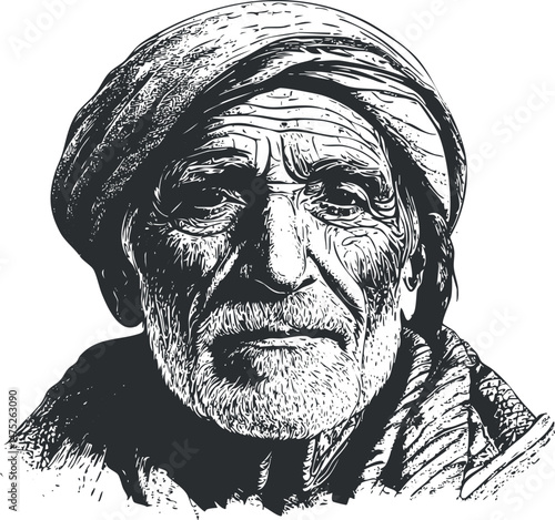 Detailed black and white sketch of an elderly man with wrinkles and traditional headwear.
