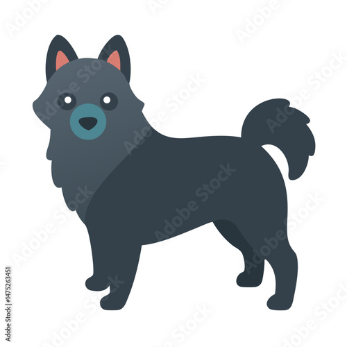 Stylized flat illustration of a dark gray spitz dog