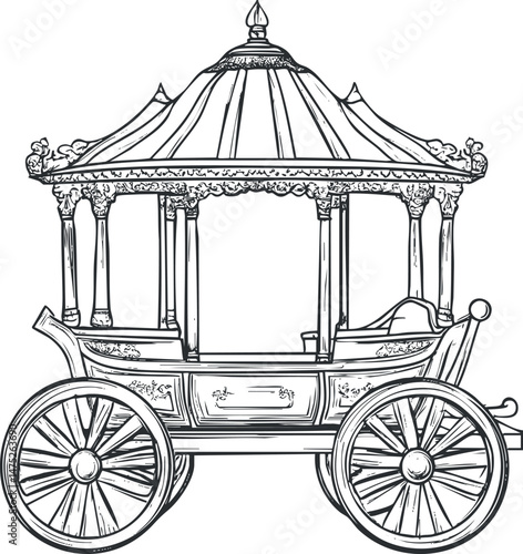 Black and white line drawing of an ornate vintage horse-drawn carriage with four large wheels and a decorative canopy roof.