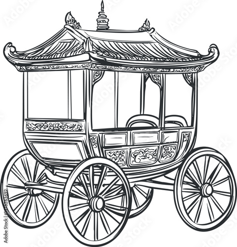 Black and white line drawing of an ornate vintage horse-drawn carriage with four large spoked wheels and detailed decorations.