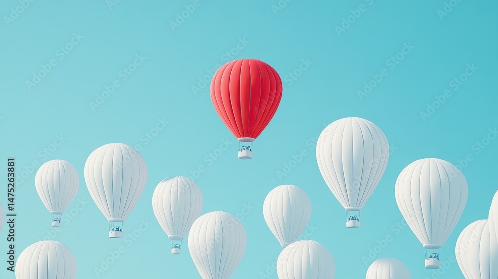 Fototapeta premium Red hot air balloon stands out from white ones in a clear blue sky.
