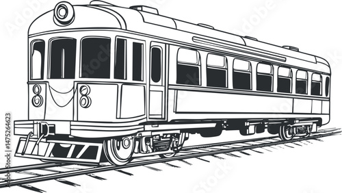 Black and white sketch illustration of a passenger train on railway tracks, showing detailed locomotive design.