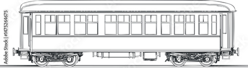Detailed black and white side view illustration of a vintage passenger train railcar on tracks