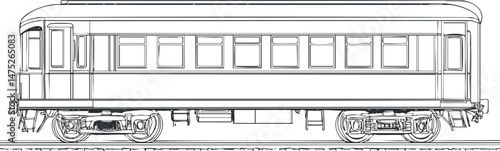Side view line drawing of a classic passenger train railcar used for railway transportation on tracks