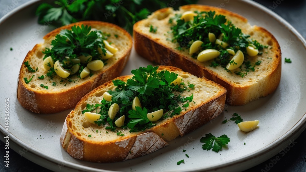 Fresh parsley-adorned garlic bread slices arranged on a ceramic plate Fresh parsley-adorned garlic bread slices arranged on a ceramic plate