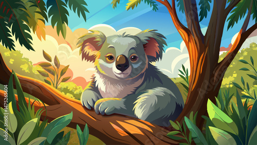 Koala peacefully napping high in a eucalyptus tree during a sunny afternoon in the forest