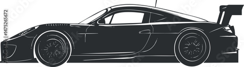 Black and white side view illustration of a sleek sports race car with aerodynamic design and rear spoiler