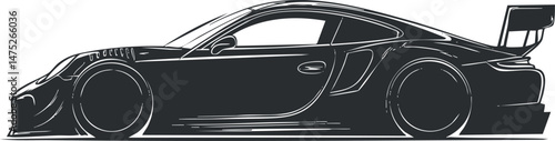 Side view illustration of a sleek black racecar with aerodynamic design and rear spoiler