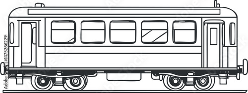 Black and white outline illustration of a passenger railcar train on railway tracks
