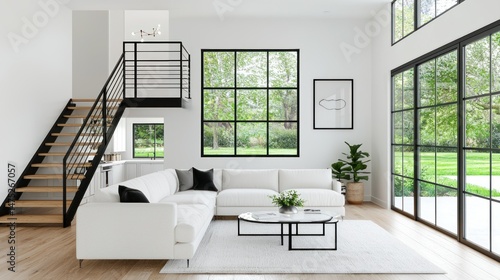 A bright and modern living room with large windows and staircase
