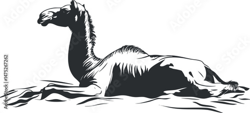 Black and white illustration of a camel lying down resting on sand in desert environment