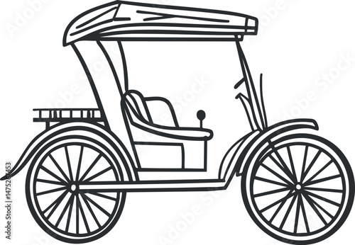 Black and white line drawing of a vintage carriage with a covered roof and large spoked wheels