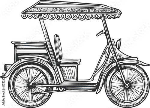 Hand drawn sketch of a tuk tuk or auto rickshaw with canopy and two seats in side view