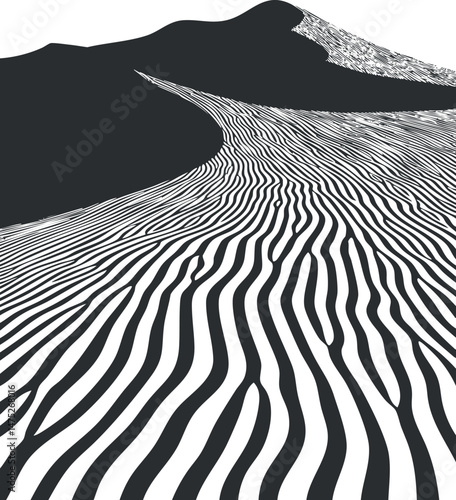 Black and white abstract illustration of desert sand dunes with wavy striped patterns and smooth hills