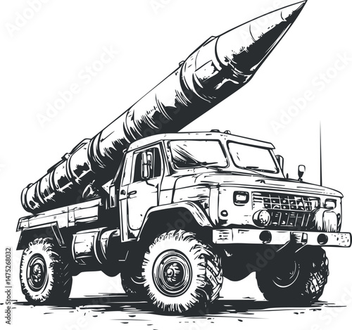 Black and white illustration of a military truck carrying a large missile launcher for defense and combat purposes