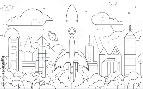 Line art illustration of a rocket launching from a futuristic city skyline with clouds and stars