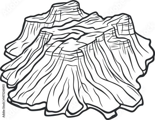 Black and white line drawing of a rocky mountain with cliffs and ridges depicting a natural rugged landscape.
