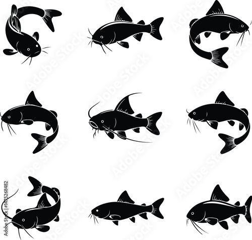 Detailed Catfish Silhouette Set | Freshwater Fish Vector Icons Catfish Silhouettes Collection | Fishing, River Fish, Aquatic Graphic Pack