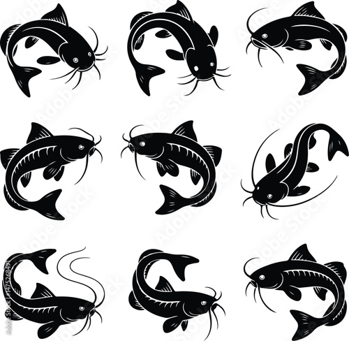 Detailed Catfish Silhouette Set | Freshwater Fish Vector Icons Catfish Silhouettes Collection | Fishing, River Fish, Aquatic Graphic Pack