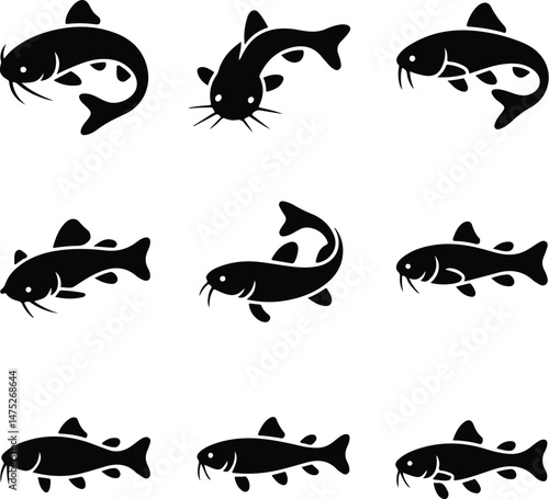 Detailed Catfish Silhouette Set | Freshwater Fish Vector Icons Catfish Silhouettes Collection | Fishing, River Fish, Aquatic Graphic Pack