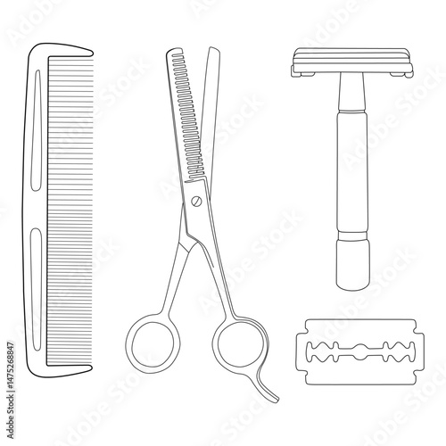 Hair Cutting set line art vector design. Hair Cutting set outline illustration design.