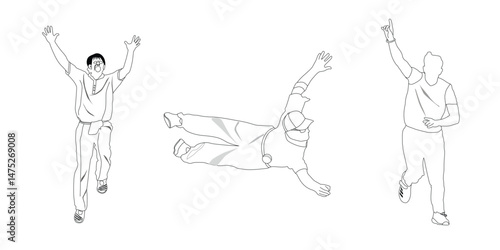 Line Art Vector Illustration of Cricket Players – Celebrating, Catching, and Fielding Action in Minimal Style.