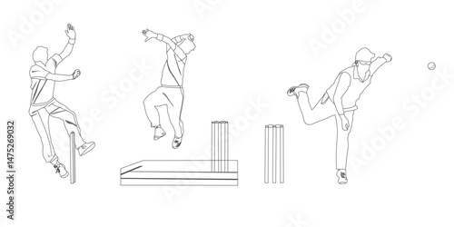 Line Art Vector Set of Cricket Players – Batsman, Bowler, and Fielder in Action with Stumps and Ball on White Background.
